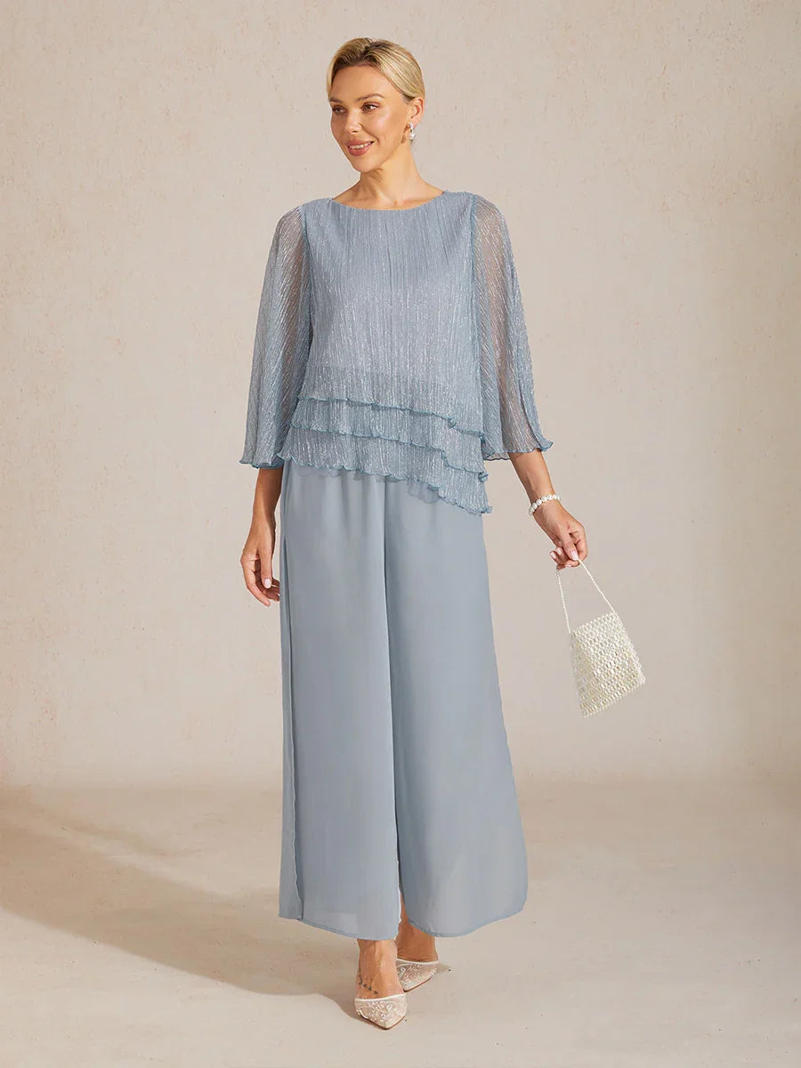 Metallische Geplooide Chiffon Asymmetrische Gelaagde Blouse