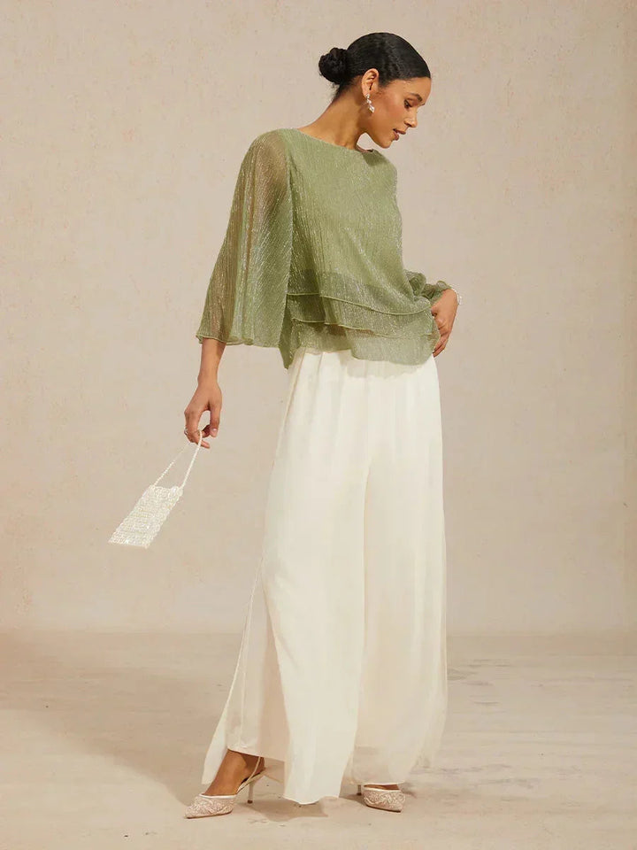 Metallische Geplooide Chiffon Asymmetrische Gelaagde Blouse
