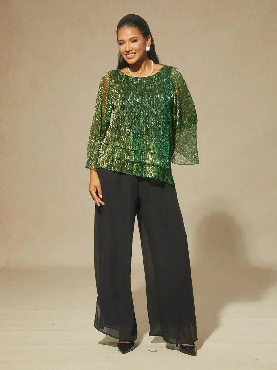 Metallische Geplooide Chiffon Asymmetrische Gelaagde Blouse