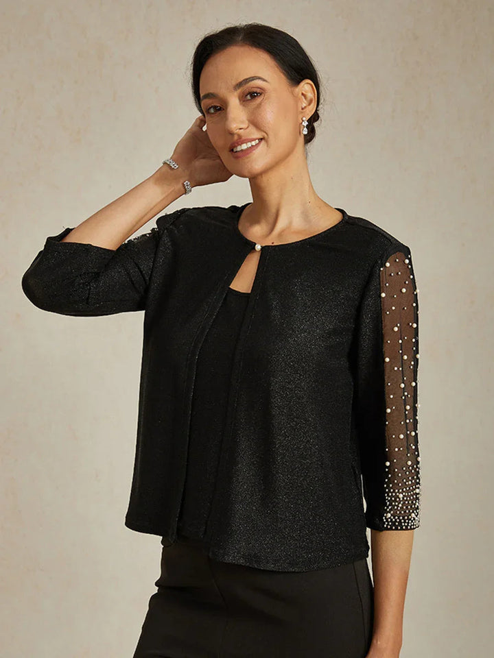 Metallic Knit Blouse with Beading and 3/4 Sleeves