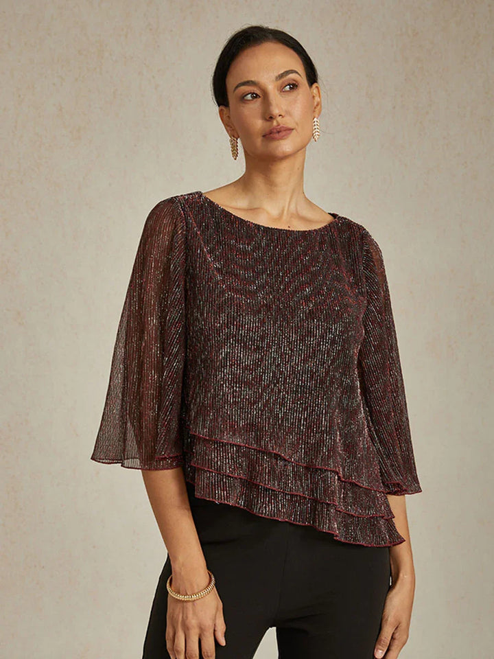 Metallisch Geplooide Chiffon Asymmetrische Gelaagde Blouse