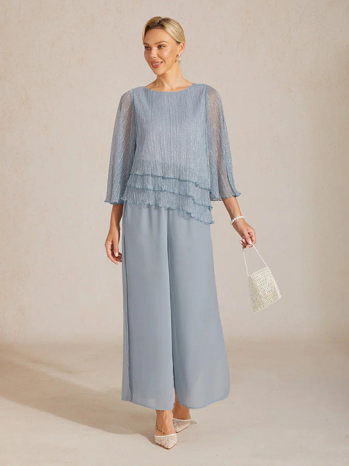 Metallische Geplooide Chiffon Asymmetrische Gelaagde Blouse