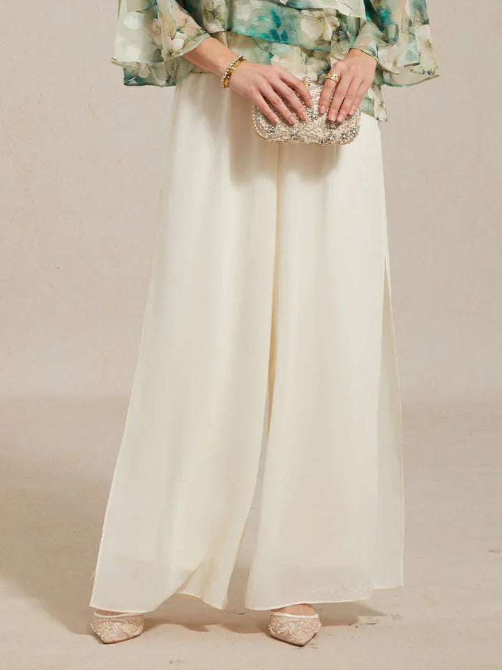 Rechte broek met chiffon split been overlay