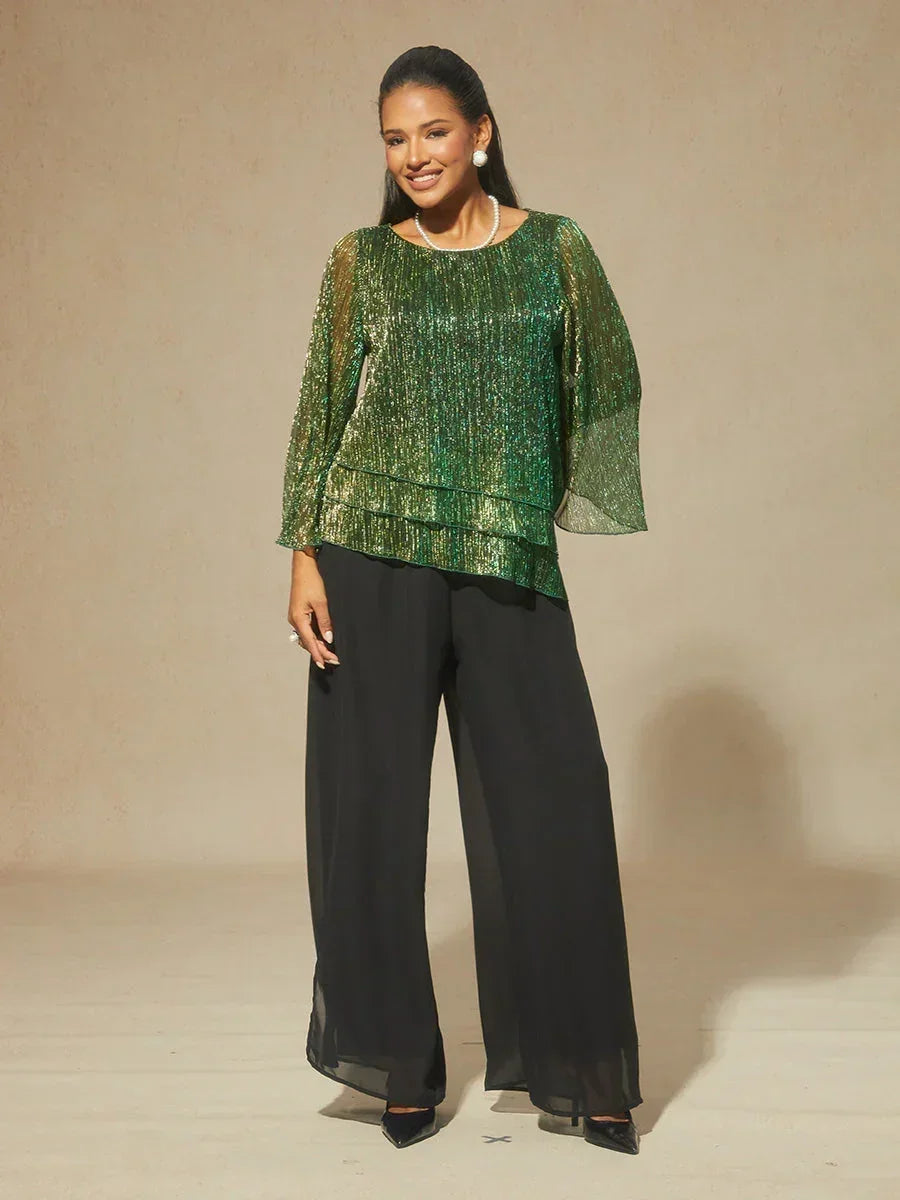 Metallic Chiffonblouse met Geplooide Stof en Asymmetrische Lagen