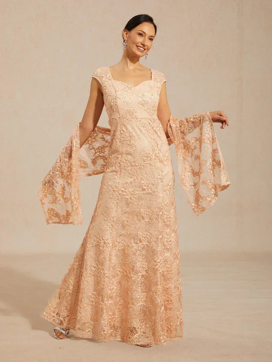 Rosette Lace Cap Sleeve V-neck Mermaid Gown