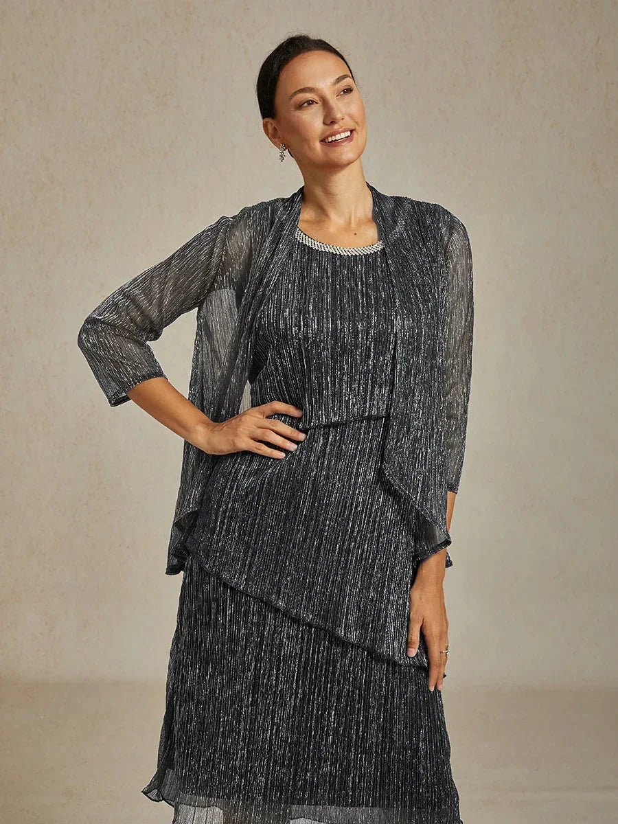Metallic Geplooide Chiffon Lange Jas Met Gelaagd Ontwerp