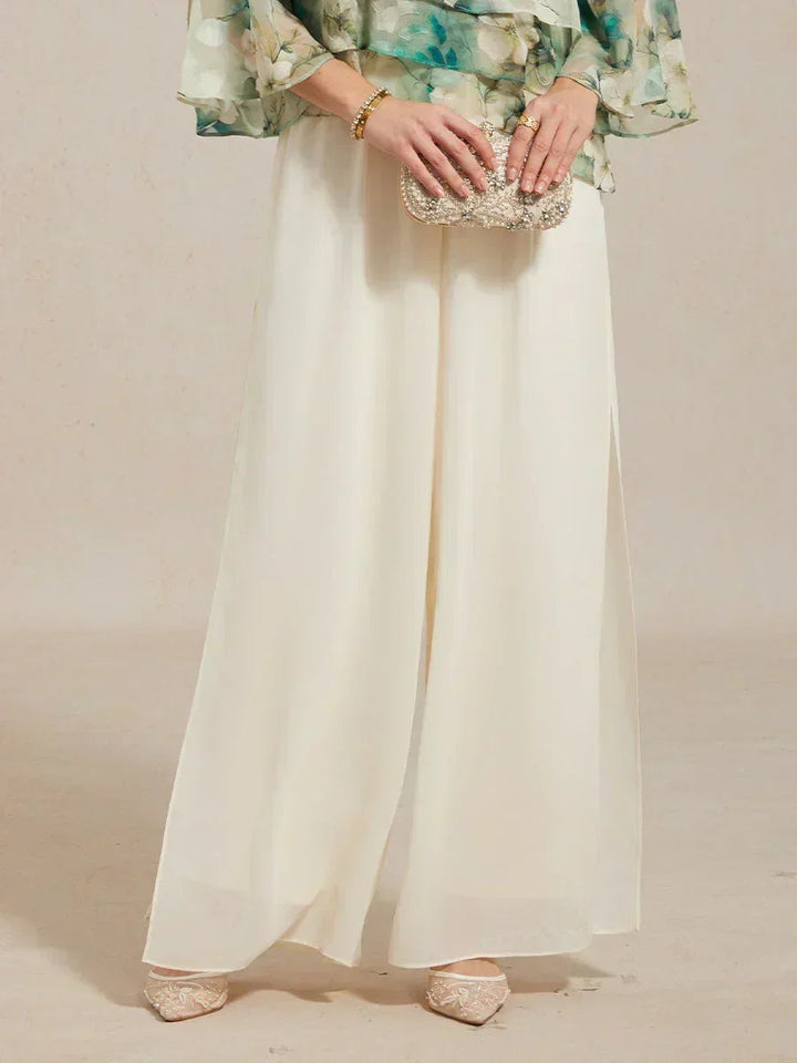 Rechte broek met chiffon split been overlay