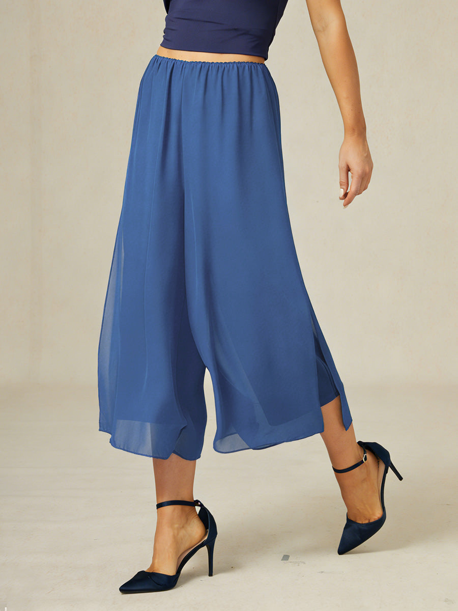 Cropped Length Straight Leg Pant With Chiffon Split Leg Overlay