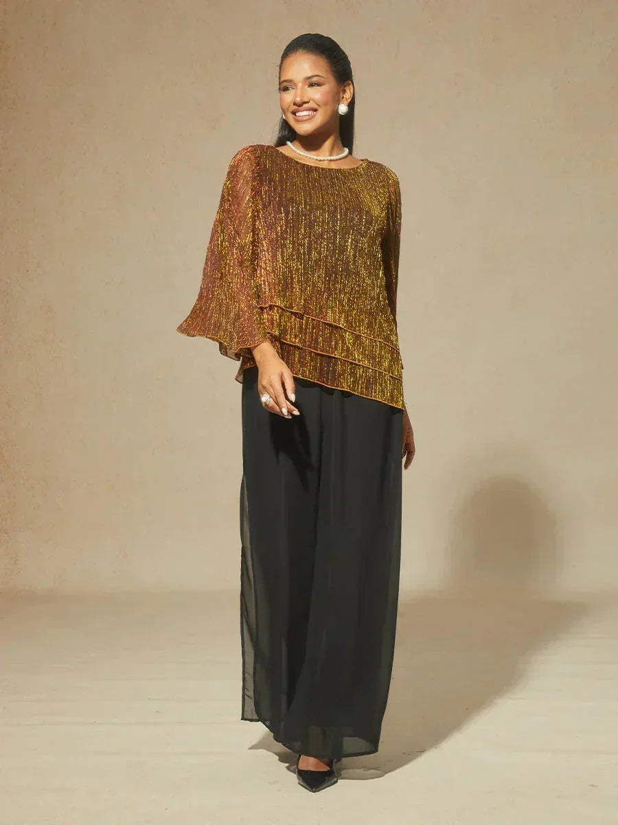 Metallic Geplooide Chiffon Asymmetrische Gelaagde Blouse