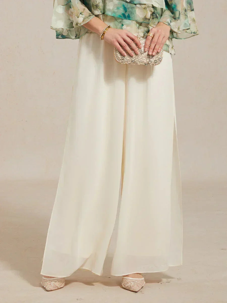 Rechte broek met chiffon split been overlay