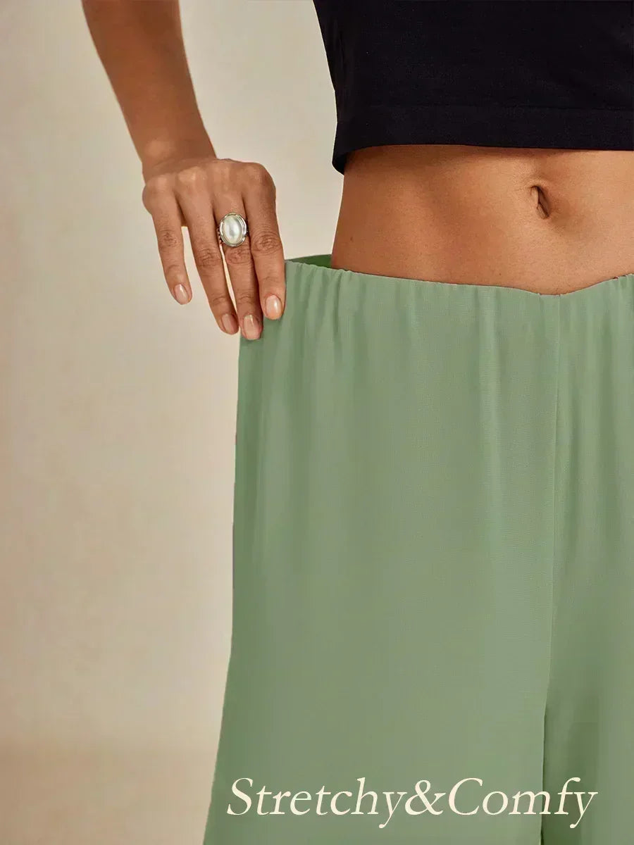 Cropped Length Straight Leg Pant With Chiffon Split Leg Overlay