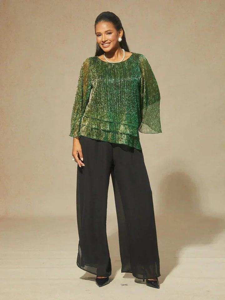 Metallic Geplooide Chiffon Asymmetrische Gelaagde Blouse