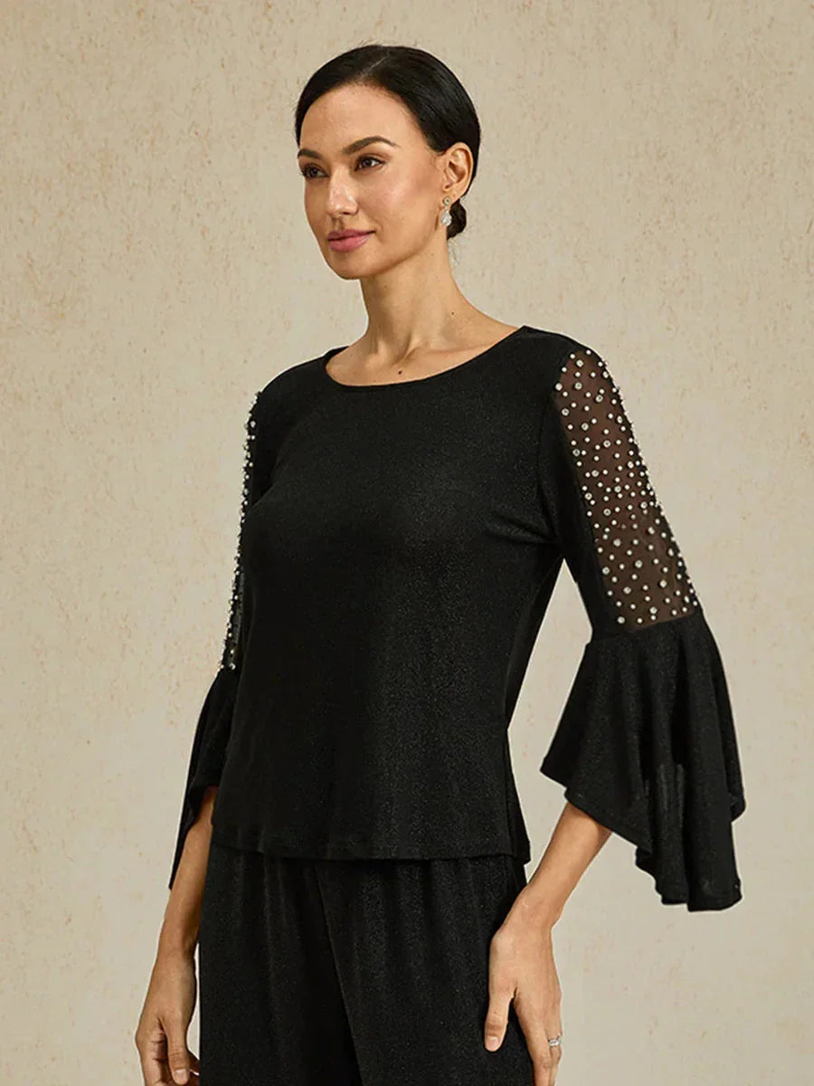 Metallic Gebreide Blouse met Kralen en Illusie-inzet