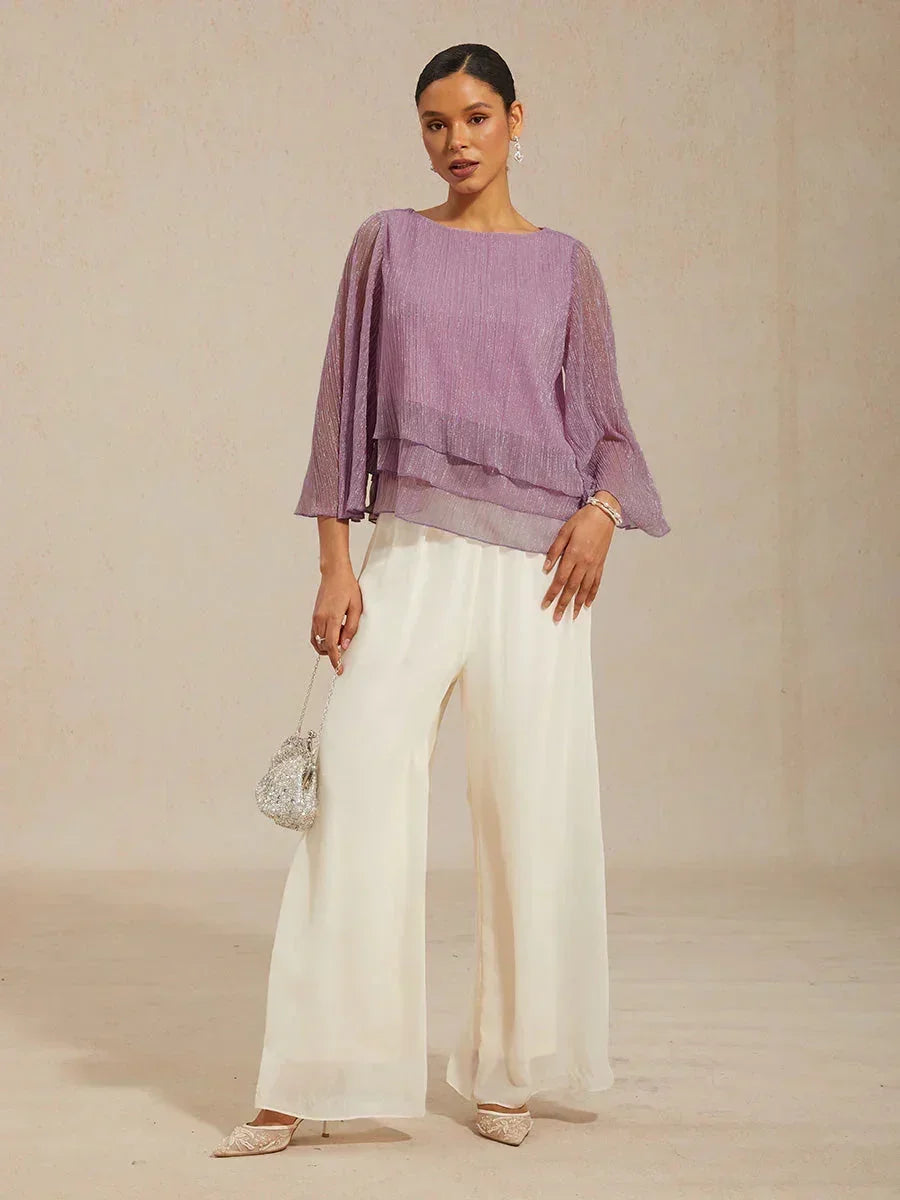 Metallische Geplooide Chiffon Asymmetrische Gelaagde Blouse