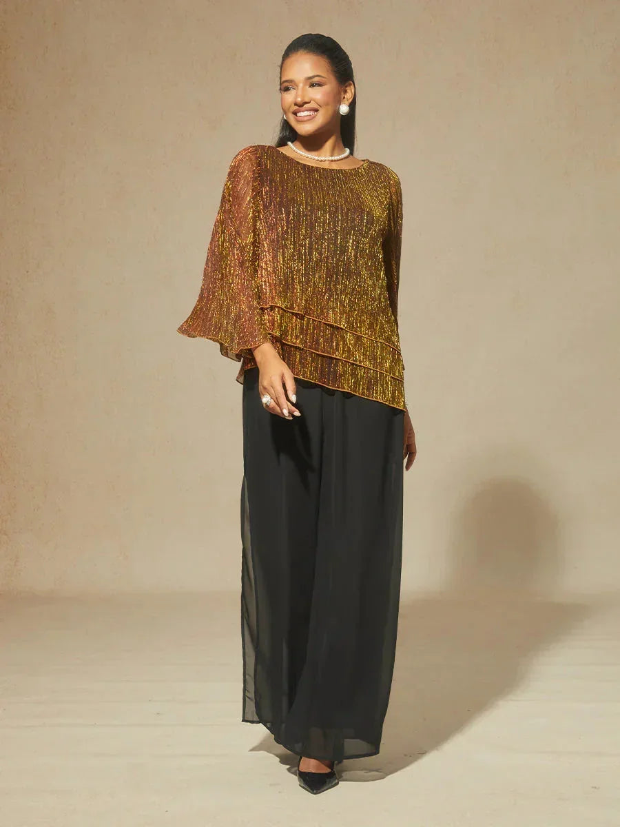 Metallic Geplooide Chiffon Asymmetrische Gelaagde Blouse