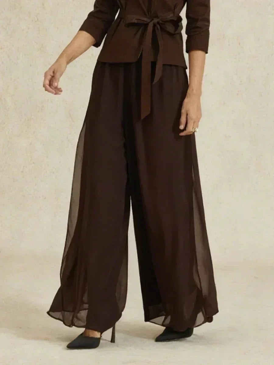 Broek Met Rechte Pijpen en Chiffon-Overslag Met Split