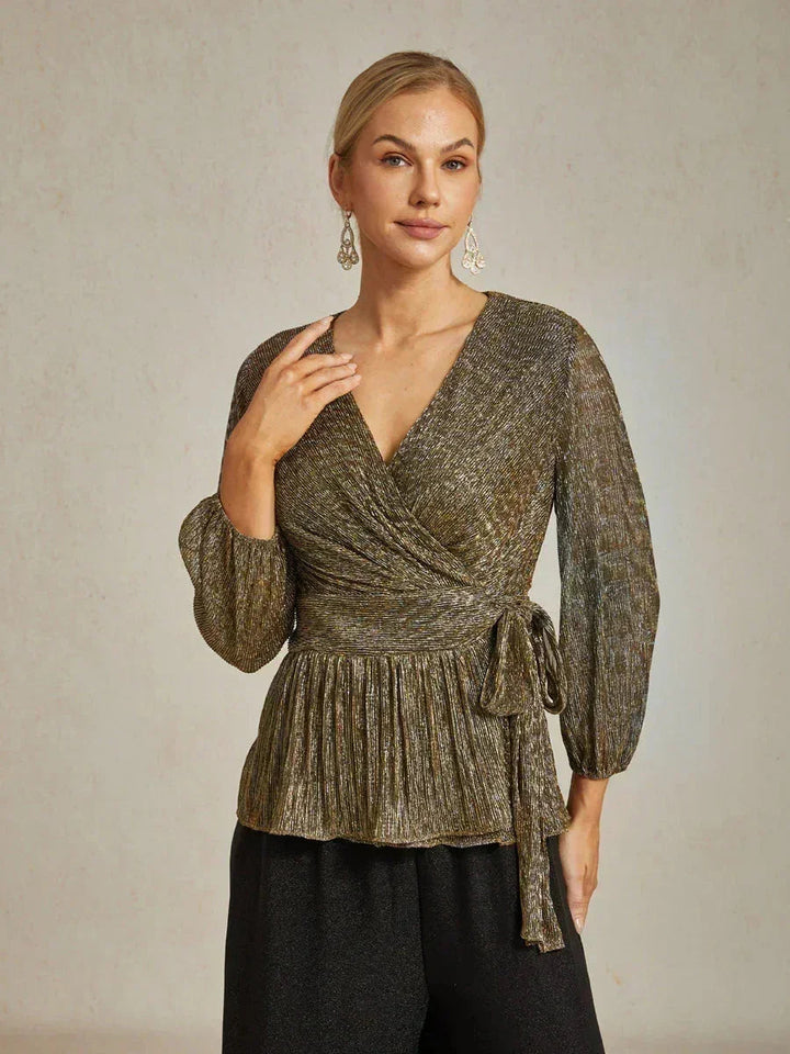 Metallic Geplooide Chiffon Wikkel-Top