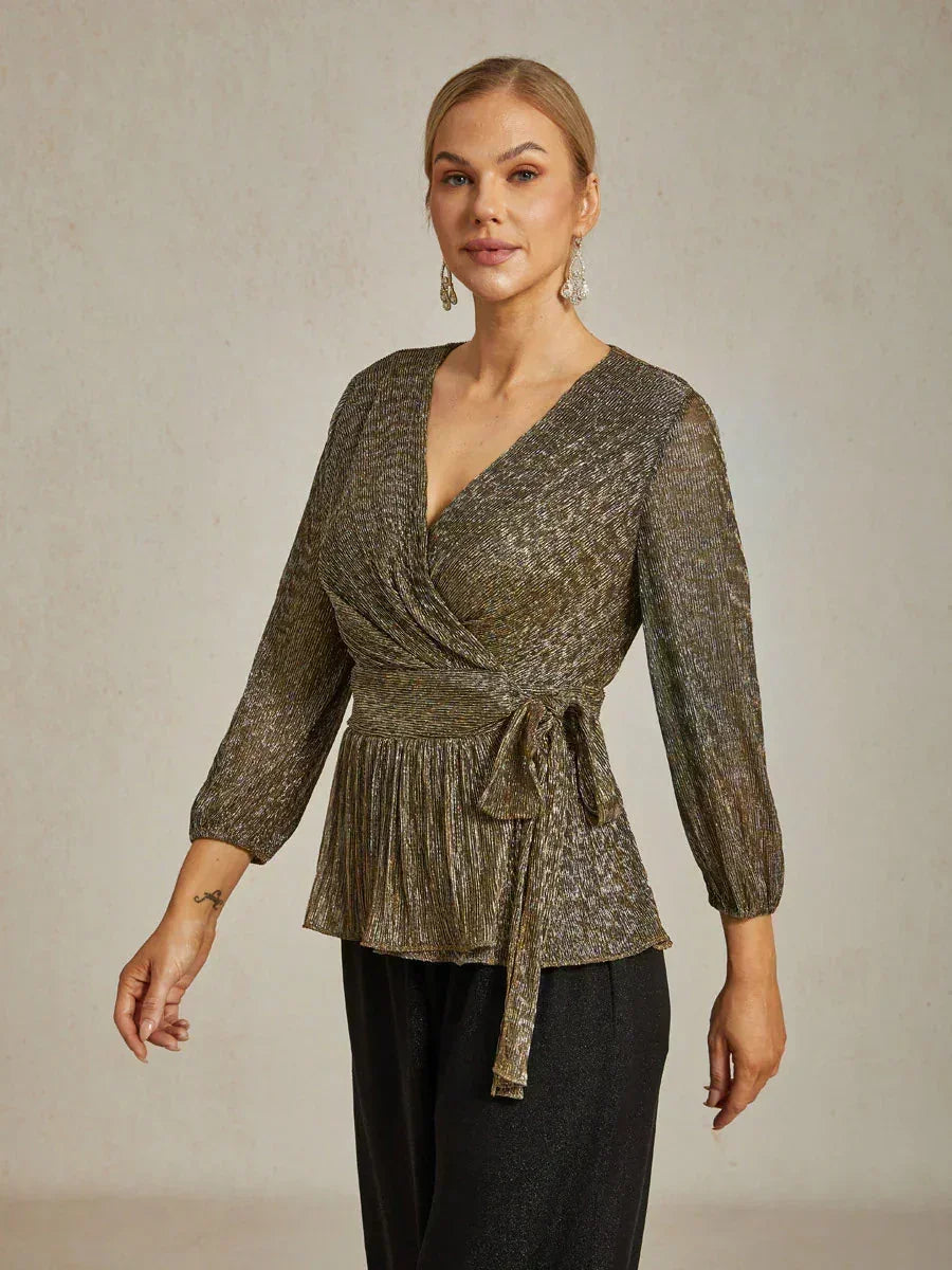 Metallic Geplooide Chiffon Wikkel-Top