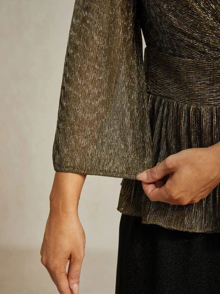 Metallic Geplooide Chiffon Wikkel-Top