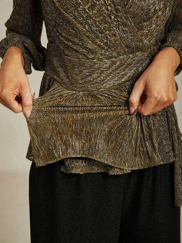 Metallic Geplooide Chiffon Wikkel-Top