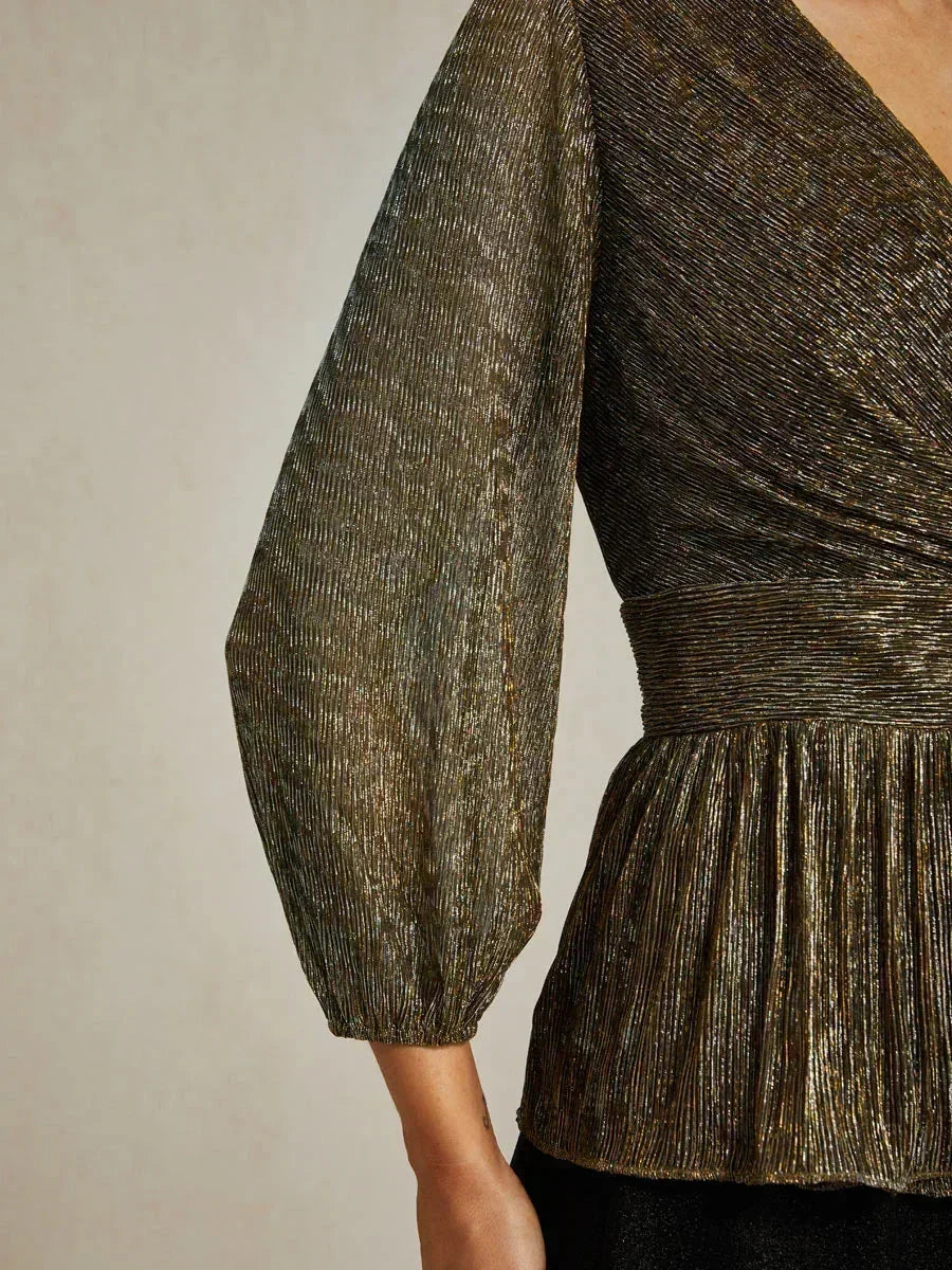 Metallic Geplooide Chiffon Wikkel-Top