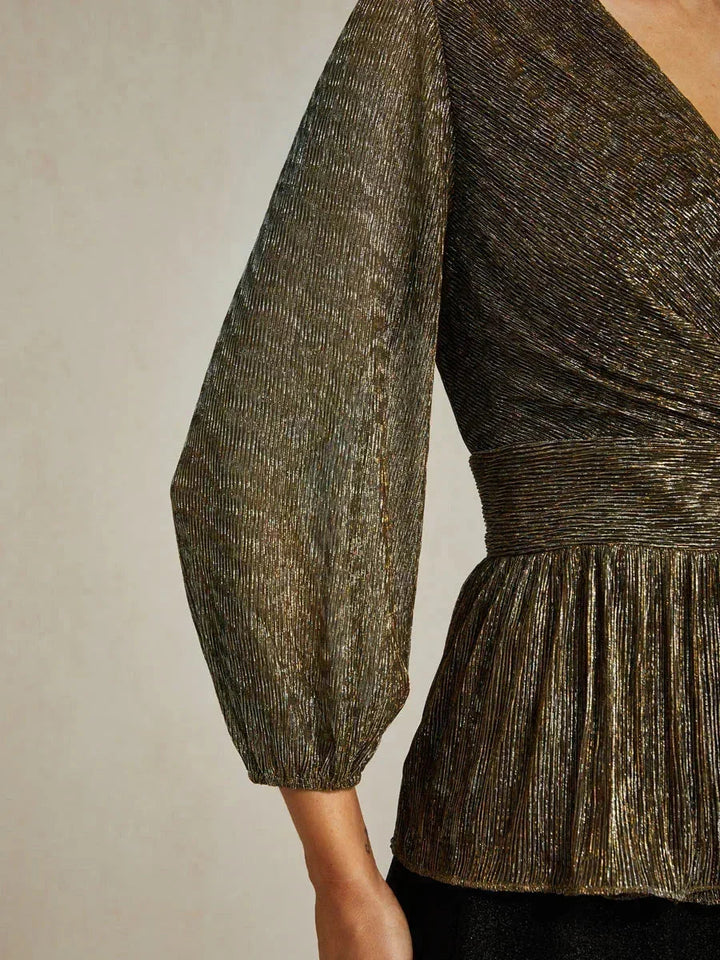 Metallic Geplooide Chiffon Wikkel-Top