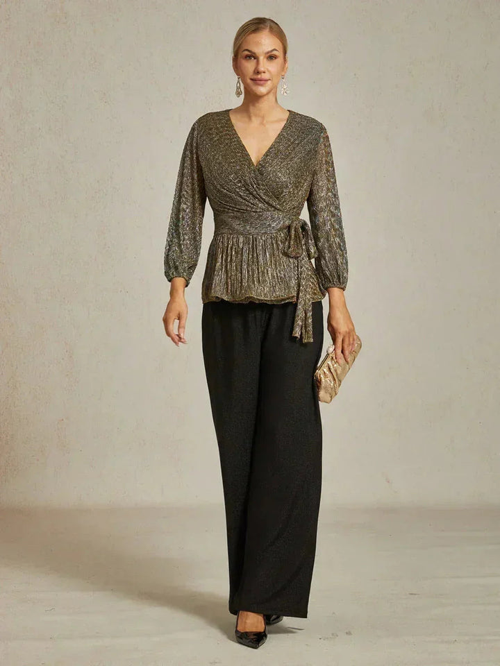 Metallic Geplooide Chiffon Wikkel-Top