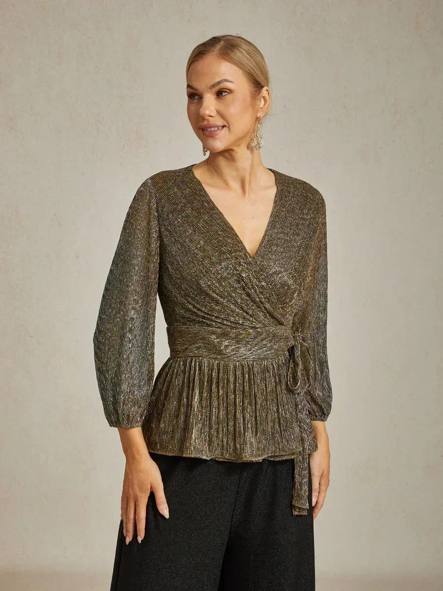 Metallic Geplooide Chiffon Wikkel-Top