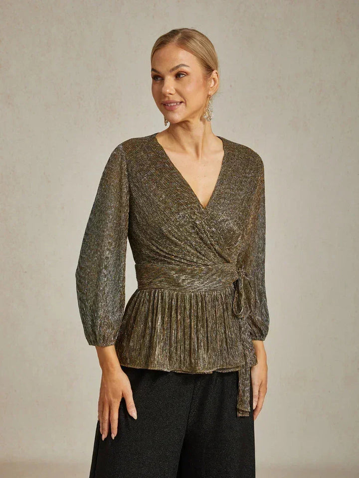 Metallic Geplooide Chiffon Wikkel-Top