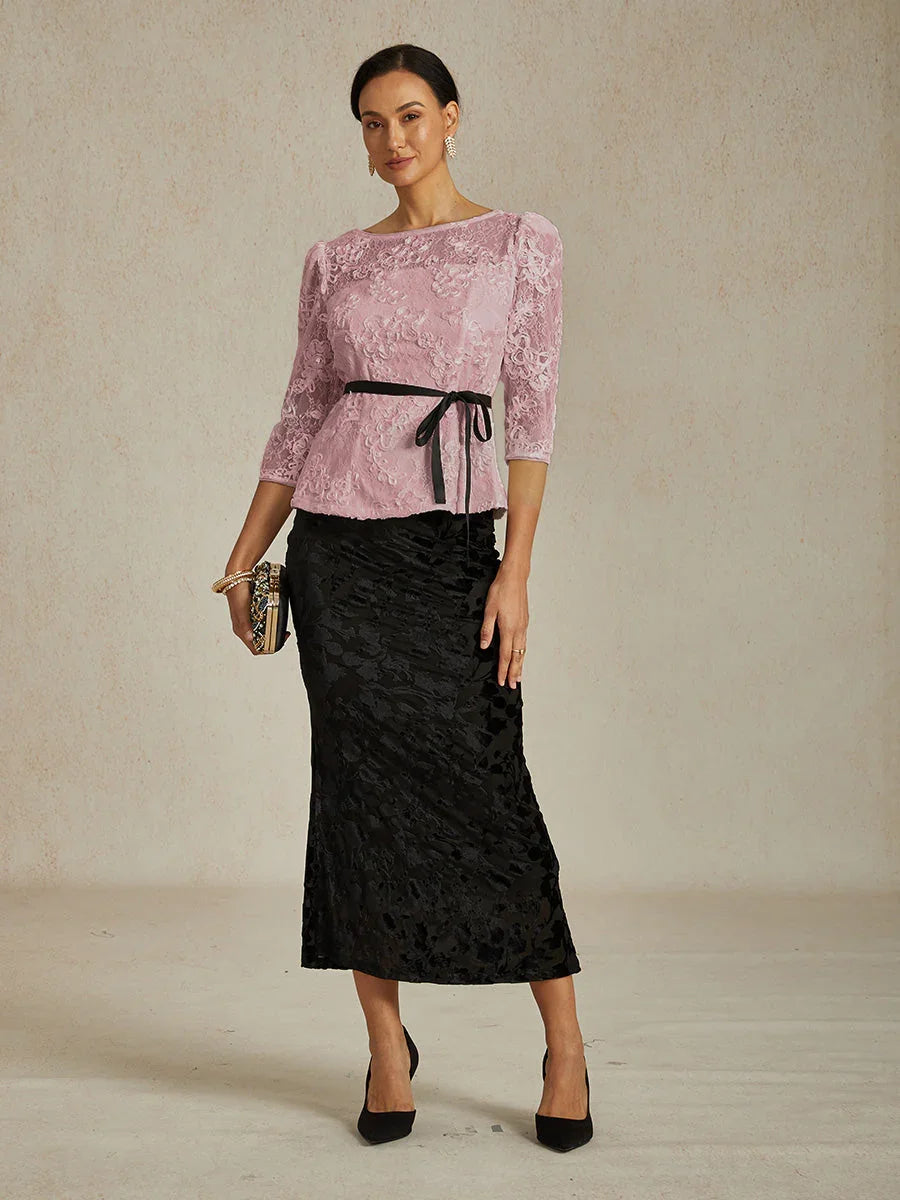 3/4-mouw Kantblouse met Rozet en Paillettenaccent