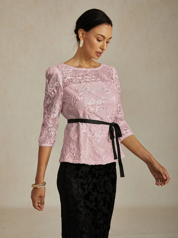 Blouse Met 3/4-Mouw, Rozetkant en Paillettenaccent