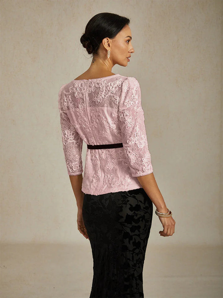 Blouse Met 3/4-Mouw, Rozetkant en Paillettenaccent