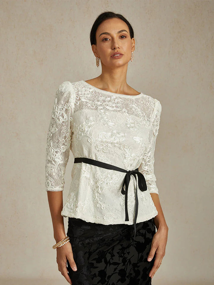 3/4-mouw Kantblouse met Rozet en Paillettenaccent