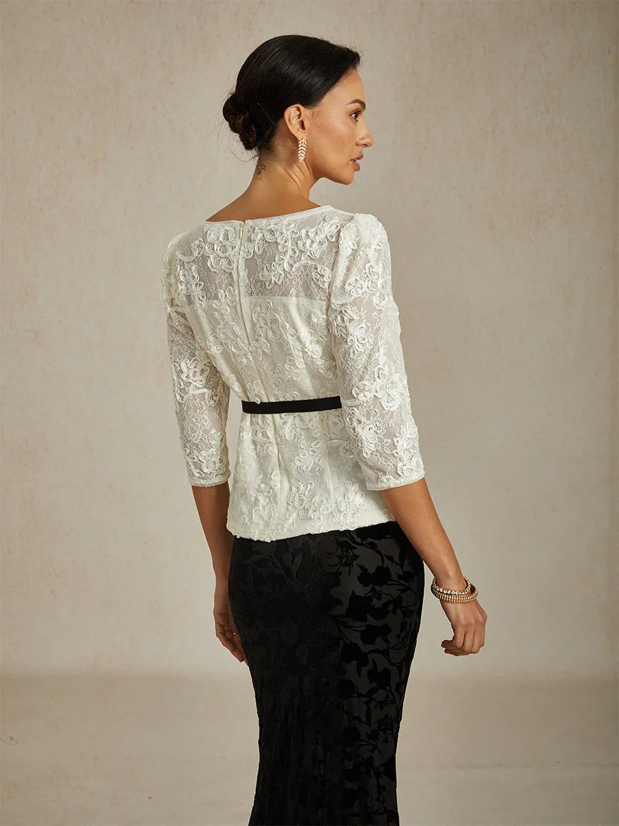 3/4-mouw Kantblouse met Rozet en Paillettenaccent