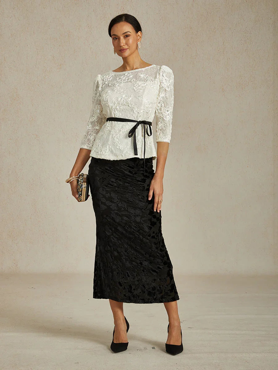 3/4-mouw Kantblouse met Rozet en Paillettenaccent
