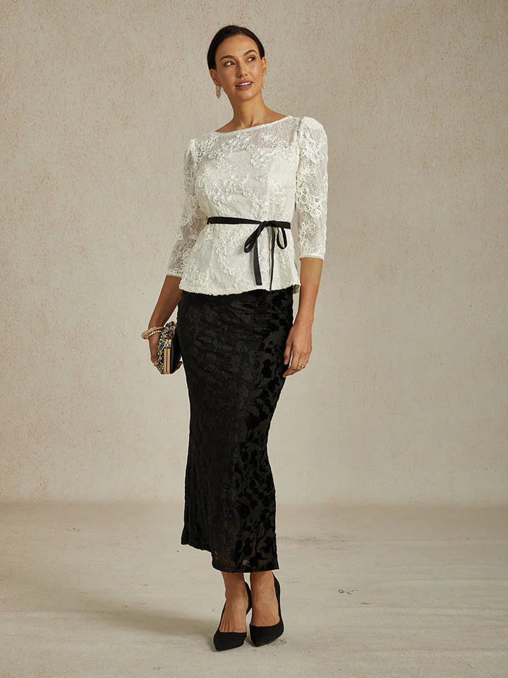 3/4-mouw Kantblouse met Rozet en Paillettenaccent