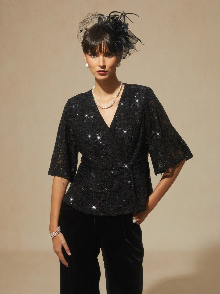 3/4-Mouwblouse van Rekbare Kant met Paillettenaccent