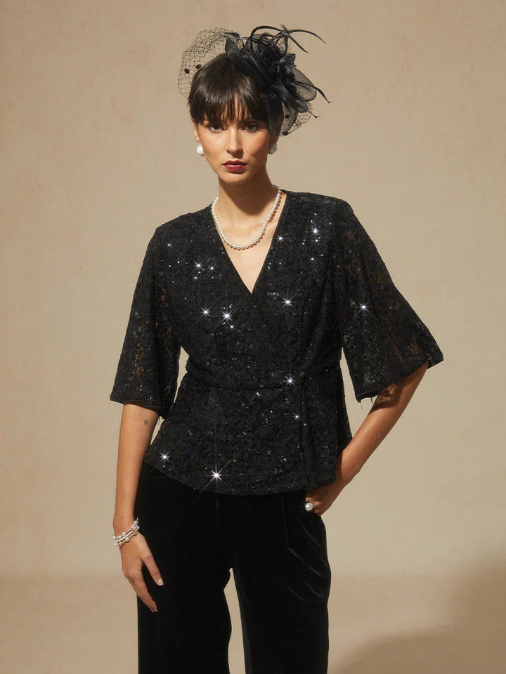 3/4-Mouwblouse van Rekbare Kant met Paillettenaccent
