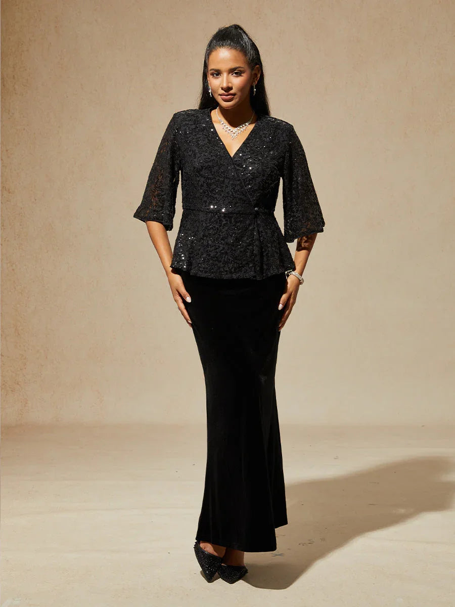 3/4-Mouwblouse van Rekbare Kant met Paillettenaccent