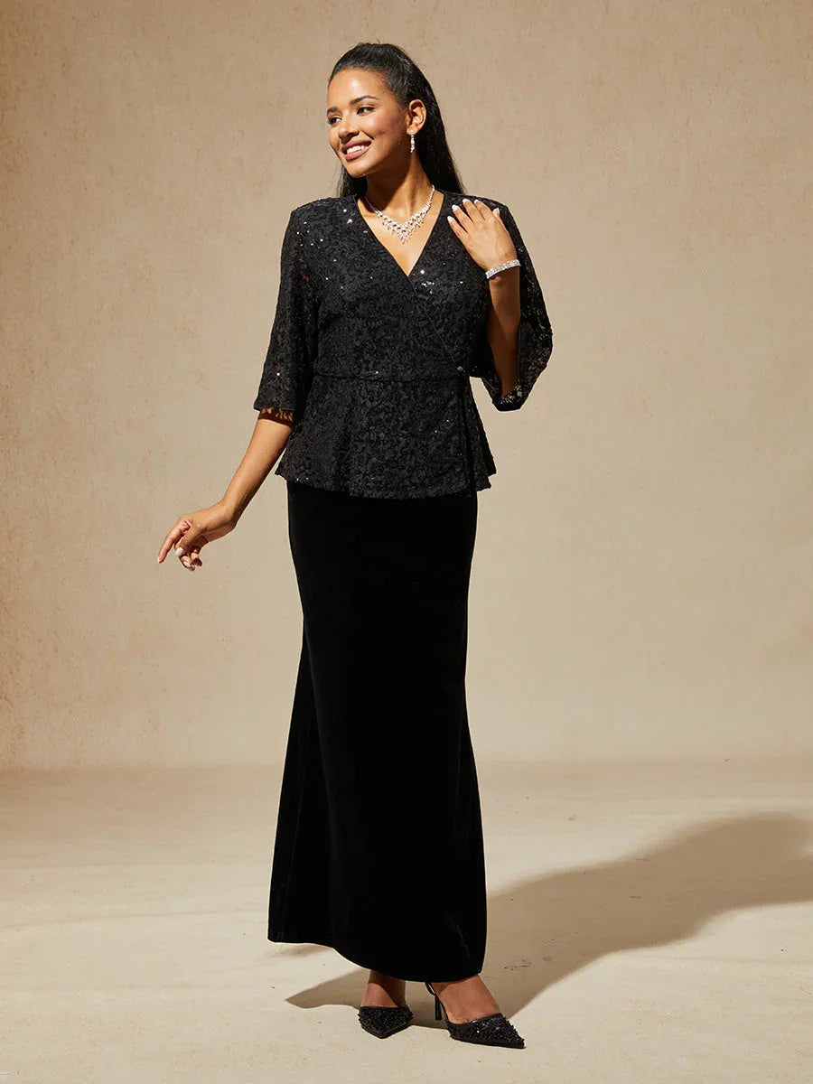 3/4-Mouwblouse van Rekbare Kant met Paillettenaccent