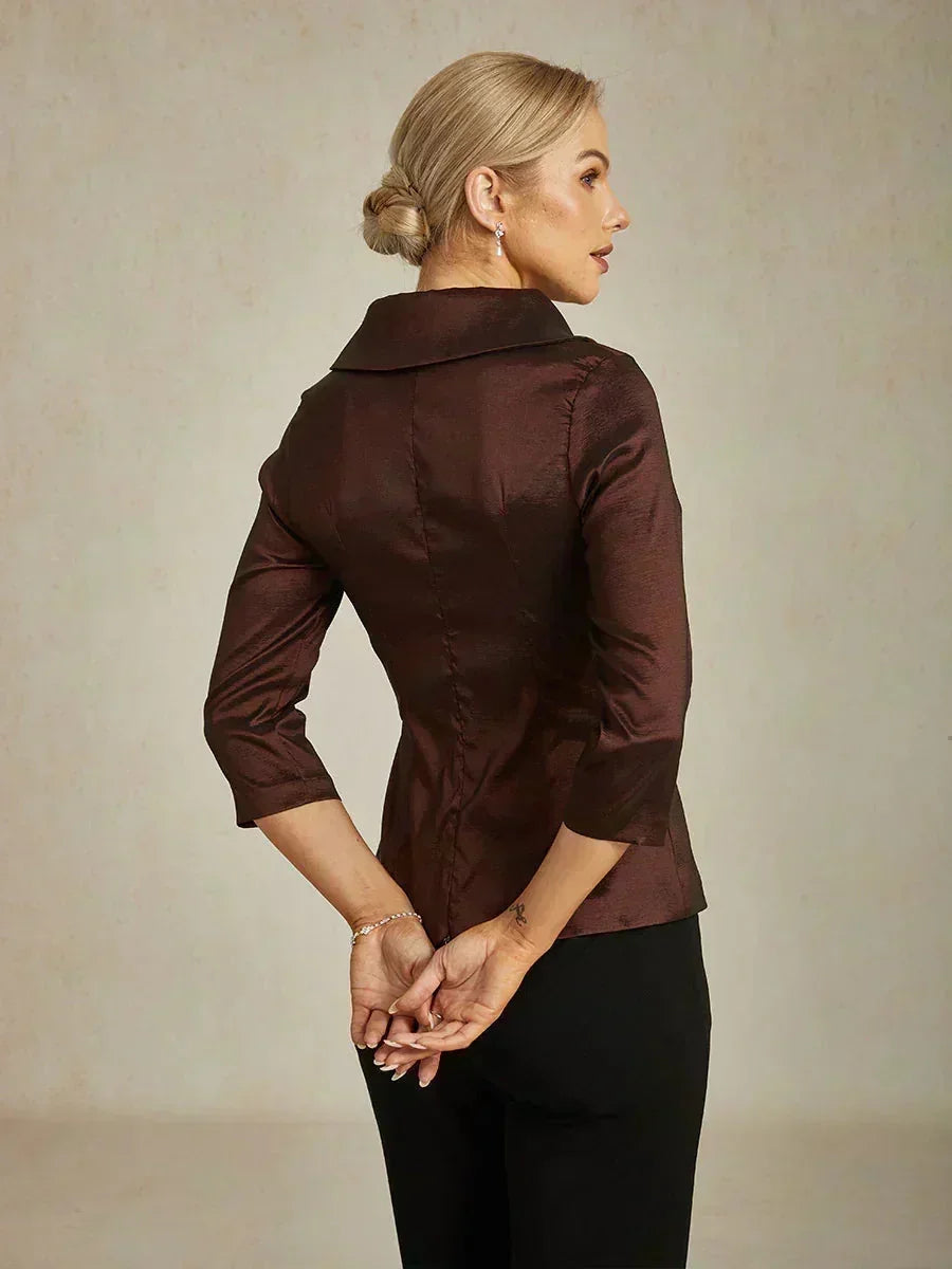 3/4 mouw stretch taffeta blouse met ceintuurdetail
