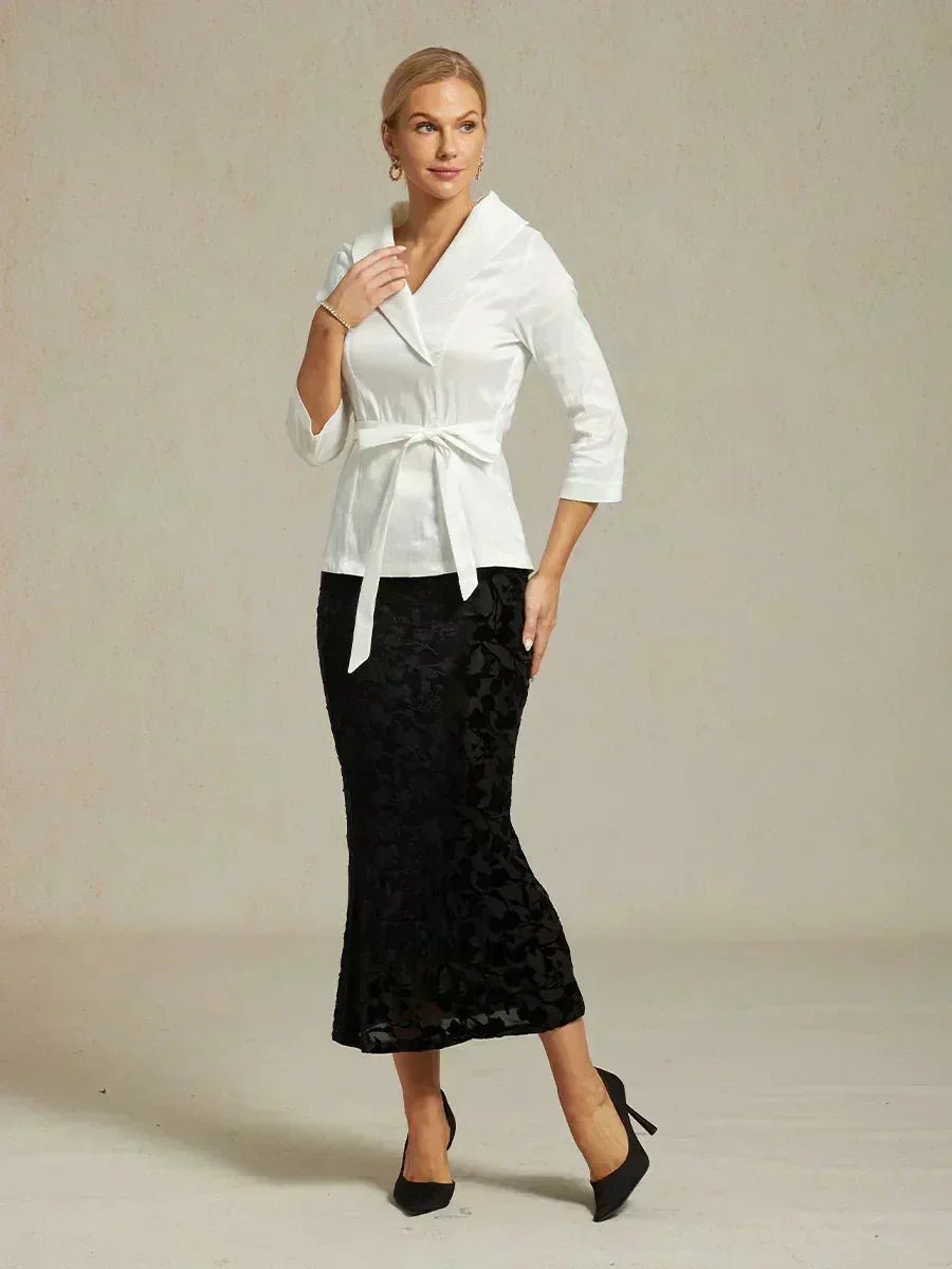 3/4-Sleeve Stretch Taffeta Blouse with Belt Detail