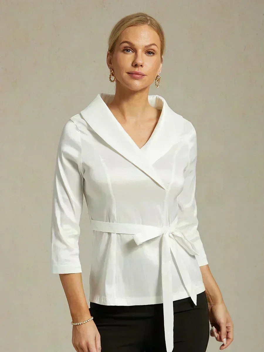 3/4 mouw stretch taffeta blouse met ceintuurdetail