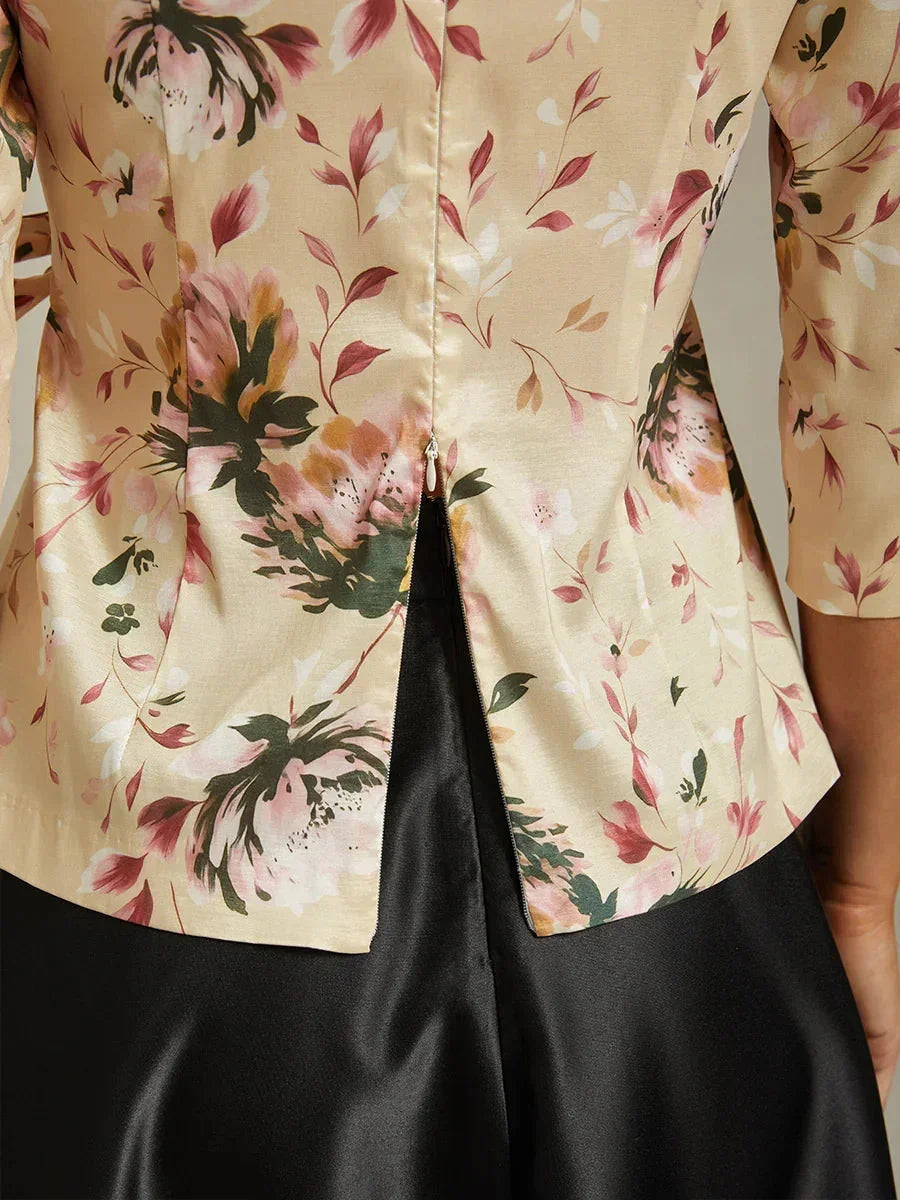 3/4-Mouw Stretch-taffeta Blouse Met Strikdetail In De Taille