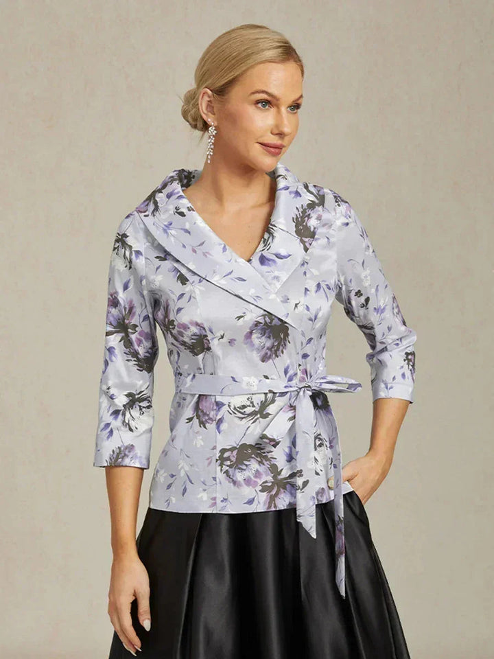 3/4-Mouw Stretchtaffeta Blouse met Strikdetail in de Taille
