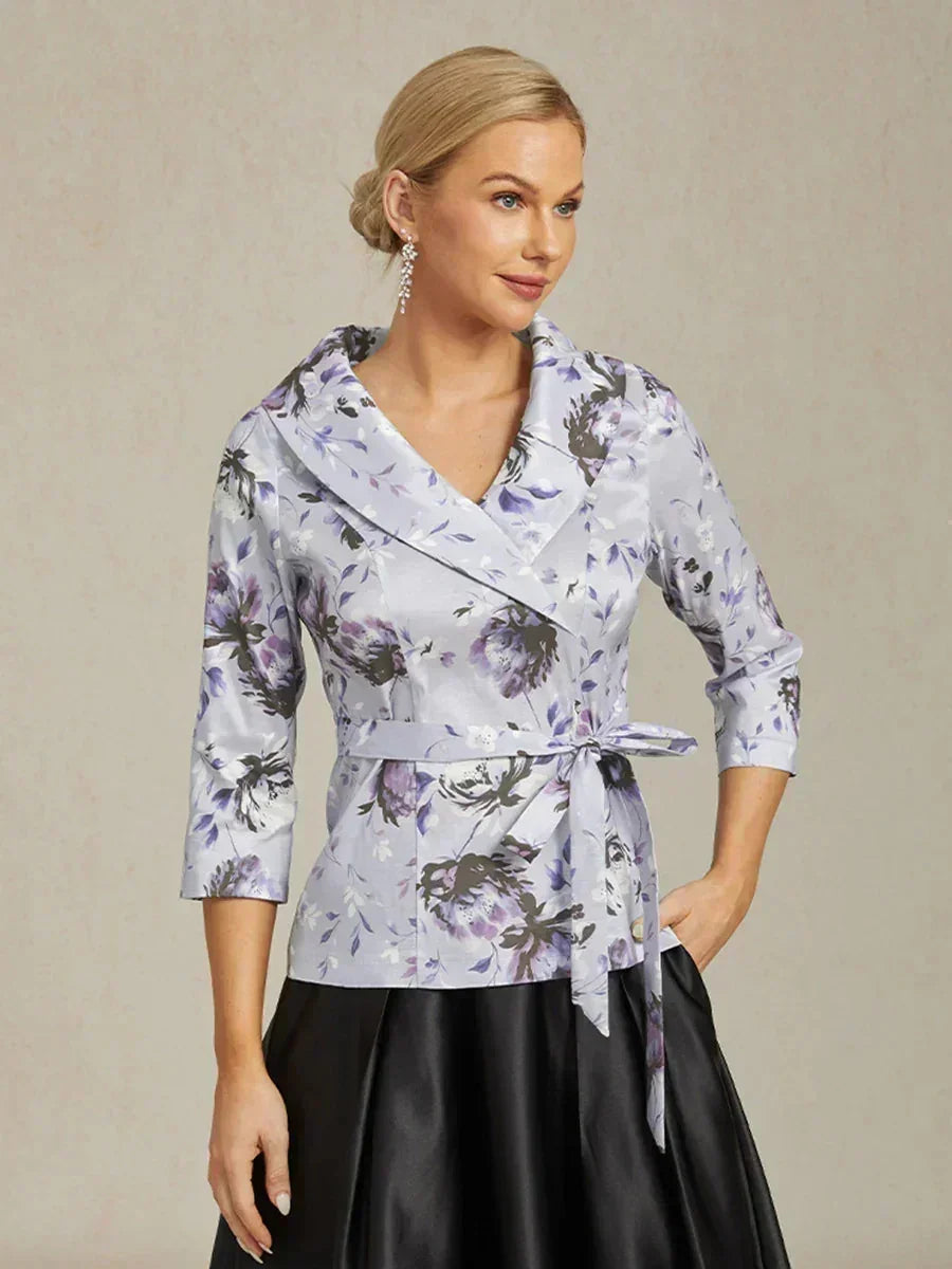3/4-Sleeve Stretch Taffeta Blouse with Belt Detail