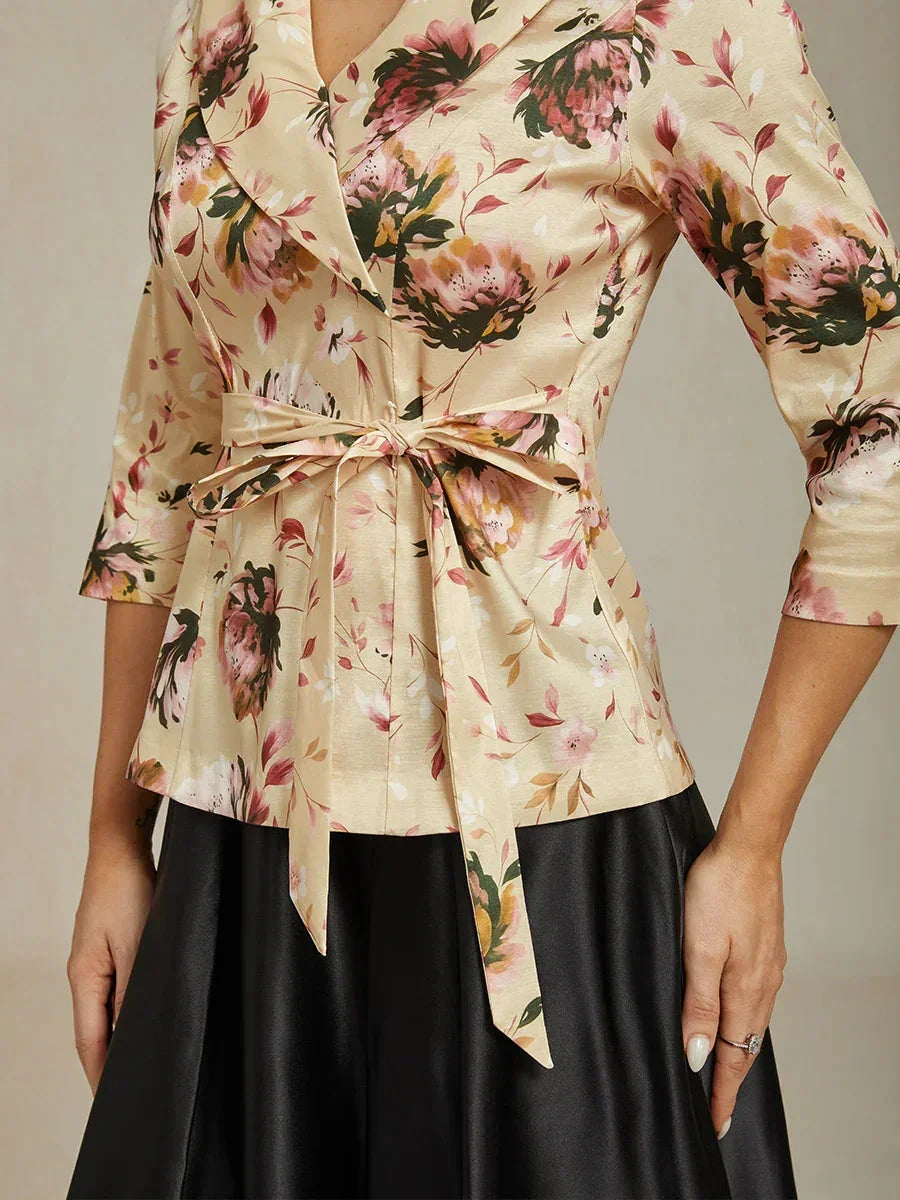 3/4-Mouw Stretch-taffeta Blouse Met Strikdetail In De Taille