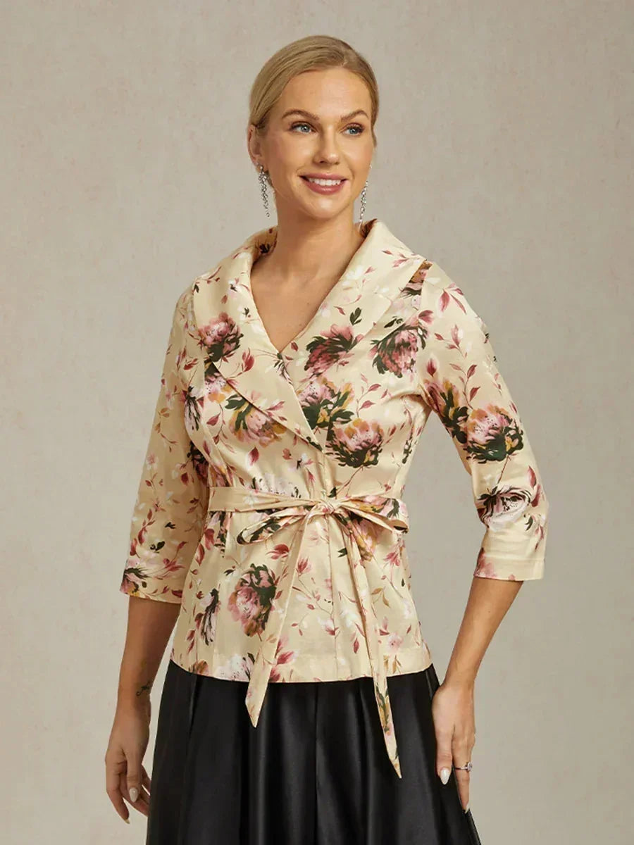3/4-Mouw Stretchtaffeta Blouse met Strikdetail in de Taille