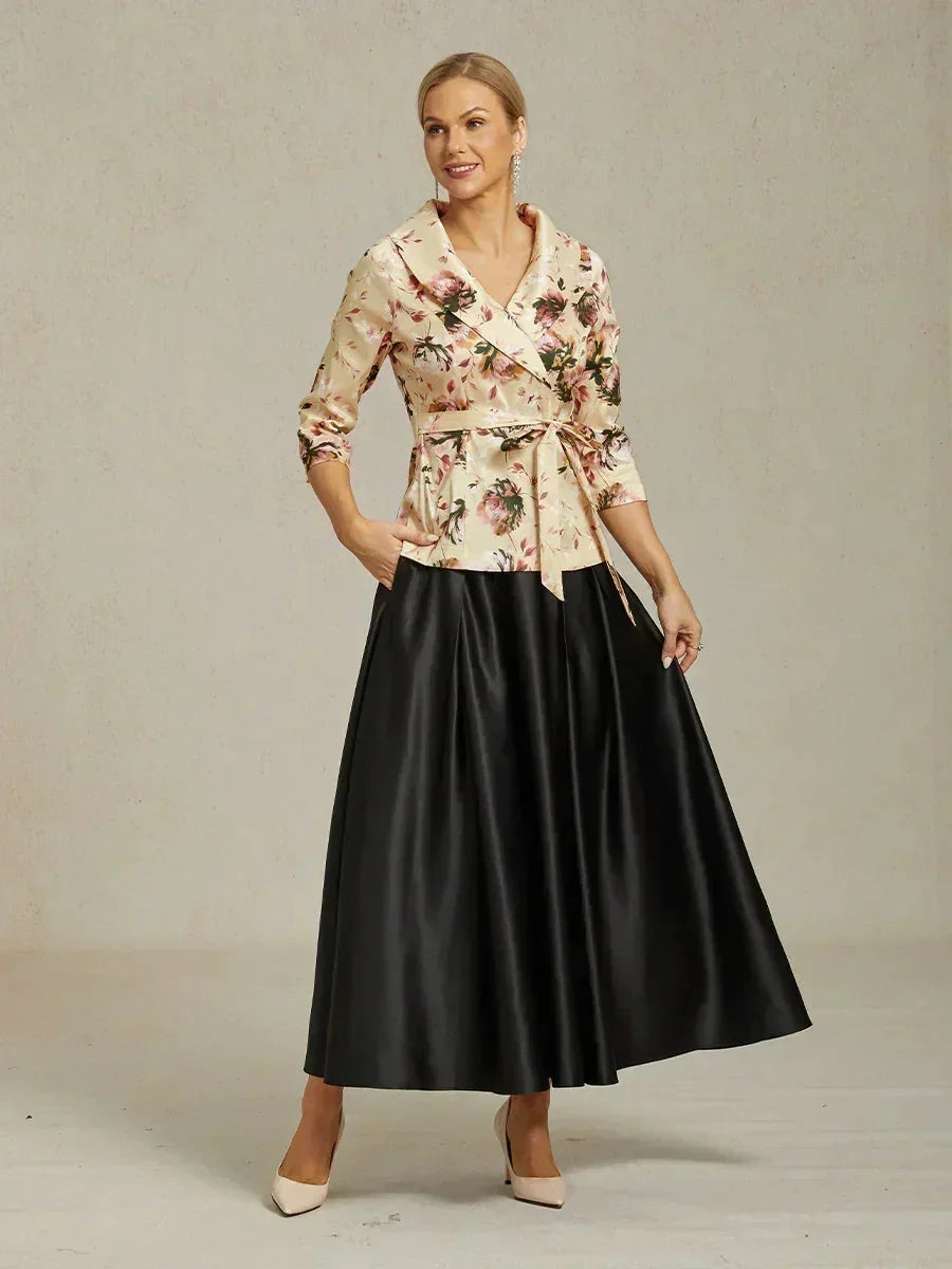 3/4-Mouw Stretch-taffeta Blouse Met Strikdetail In De Taille