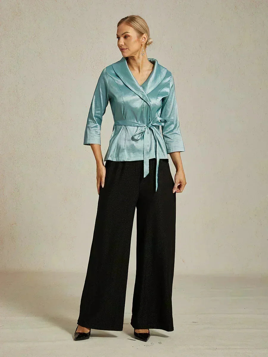 3/4-Mouw Stretch-taffeta Blouse Met Strikdetail In De Taille